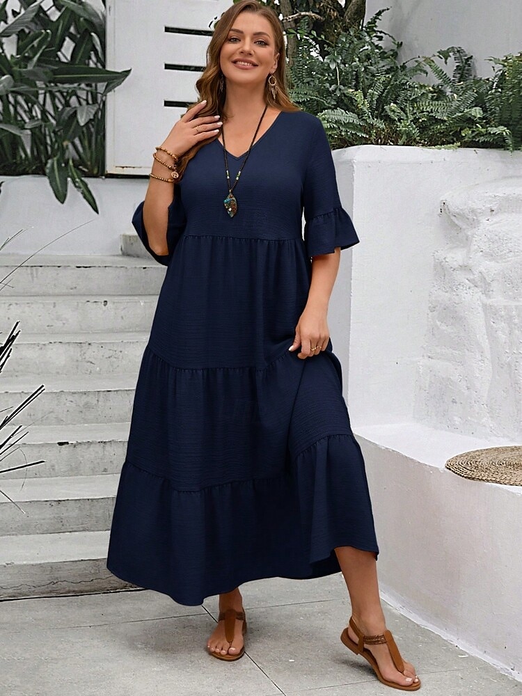 Women's Maxi Dress A Line Dress Vacation Casual Beach Daily Holiday Date Plain Half Sleeve V Neck Navy Black Ivory Yellow Summer 2025 - $39.99 –P9