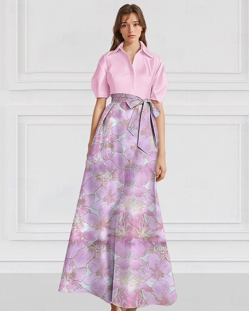 Jacquard brokátový květinový A-line večerní šaty elegantní šaty formální svatební host na zem dlouhé krátký rukáv košilový límec s kapsou 2025 - $142.99 –P9