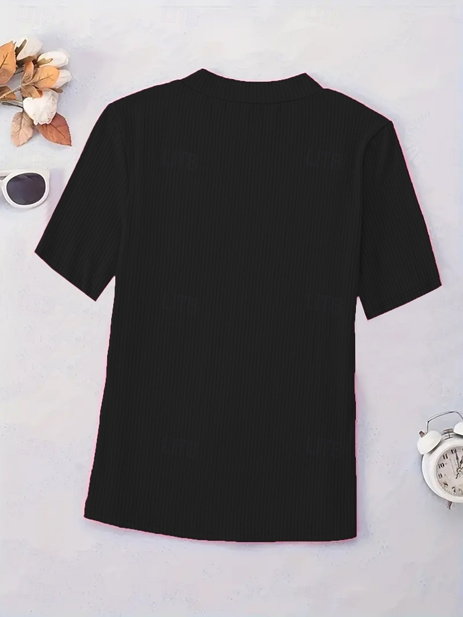 Femmes T-shirt Couleur Unie Mode Élégant Classique Manche Courte Col en V Hauts Réguliers Quotidien Week-end Noir Vin Rouge Bleu Fuchsia Été de 2025 ? $18.99 –P15