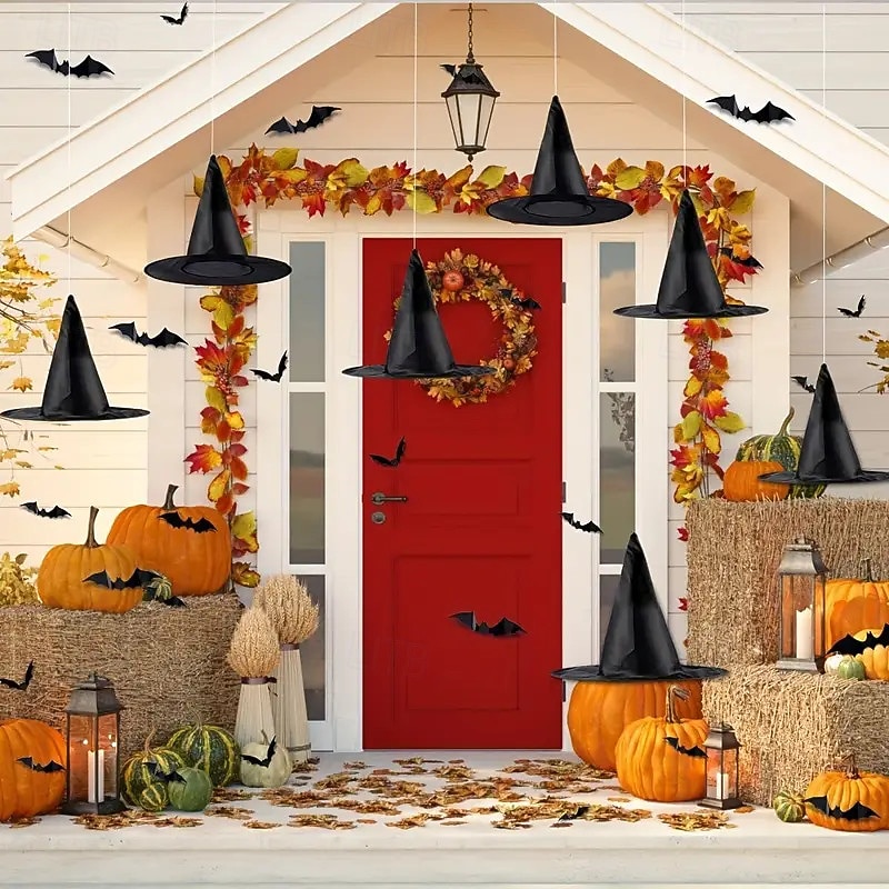 Cappello da strega nero di Halloween con decorazione da parete a forma di pipistrello 3D, costumi di Halloween, accessori da strega, cappelli, decorazioni per feste di Halloween fantasy del 2025 a $26.99 –P4