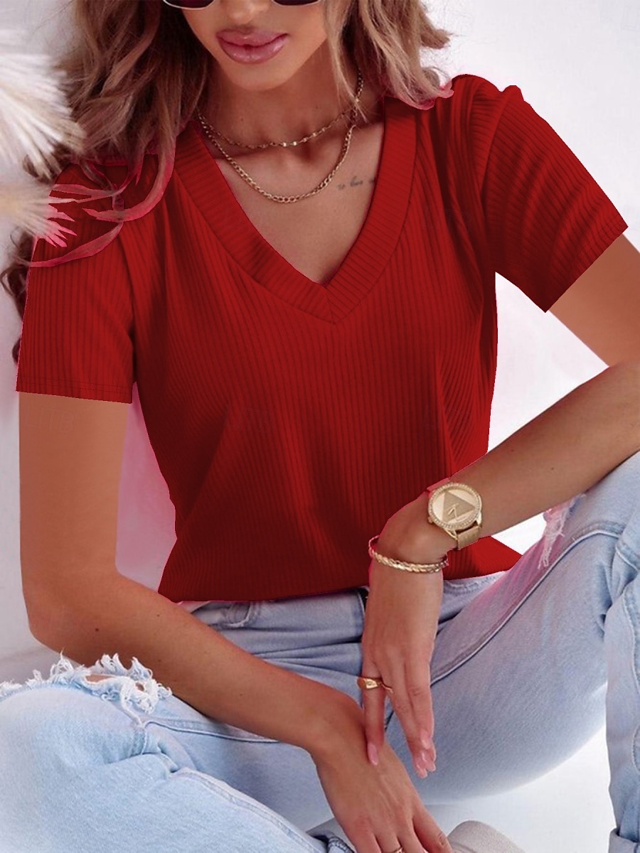 Femmes T-shirt Couleur Unie Mode Élégant Classique Manche Courte Col en V Hauts Réguliers Quotidien Week-end Noir Vin Rouge Bleu Fuchsia Été de 2025 ? $18.99 –P7
