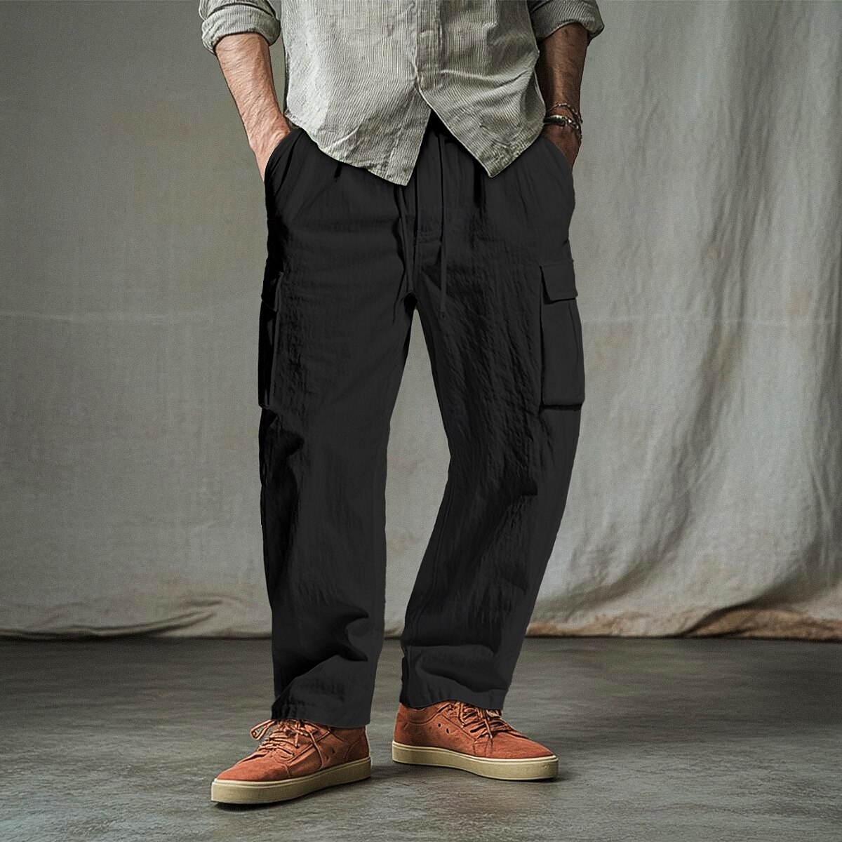 Men's Cargo Pants Trousers Shorts Summer Pants Beach Pants Drawstring Elastic Waist Multi Pocket Solid Color Plain Comfort Breathable Full Length Outdoor Daily Holiday Vacation Fashion Black White 2025 - $25.99 –P9