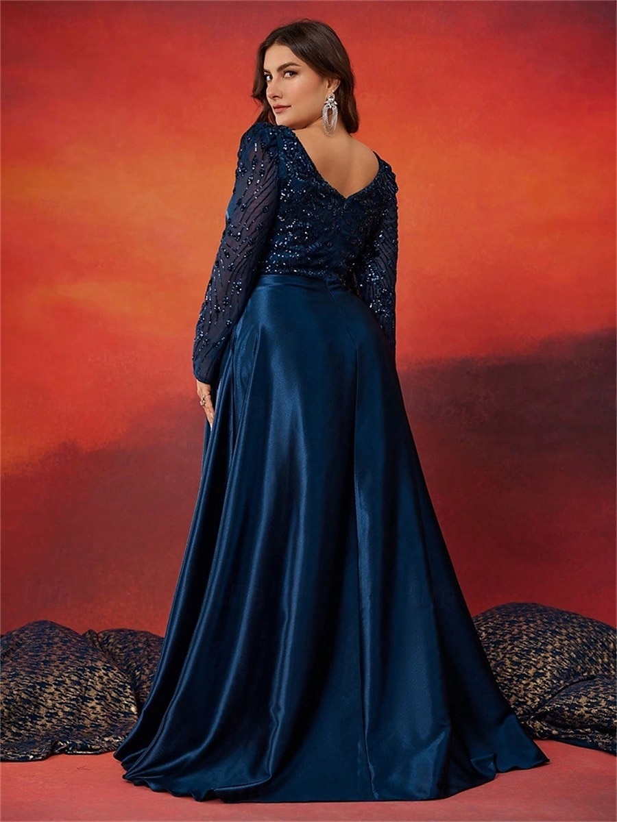 Vestidos Plus Size em A Vestido Elegante Curve Formal Casamento Comprimento de Chão Manga Longa Decote Coração Cetim com Pregas de 2025 por $121.99 –P6