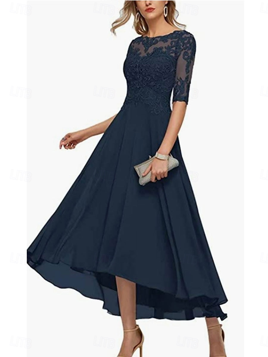A-Line Mother of the Bride Dress Elegant Crew Neck Floor Length Chiffon Half Sleeve with Solid Color 2025 2025 - $119.99 –P6