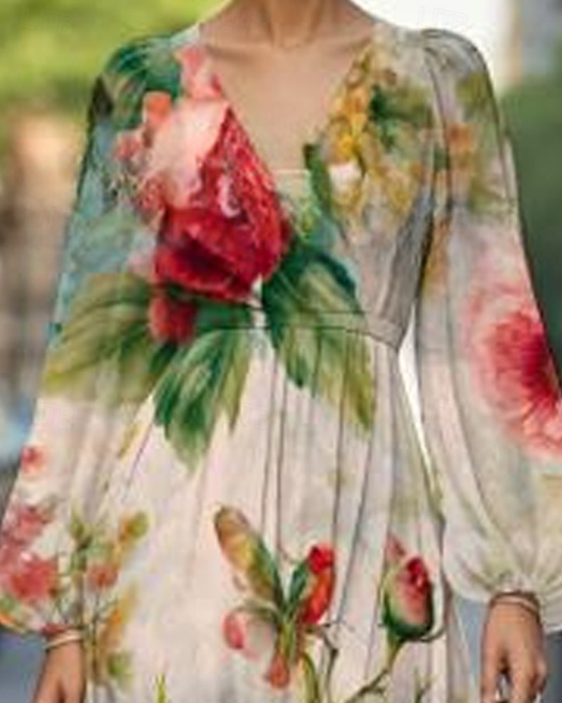 Dam Midiklänning Vardagsklänning Klänning med tryck Elegant Mode Utomhus Fest Helgdag Normal Blomma Långärmad V-hals Grön Sommar Vår 2025 - $27.99 –P2