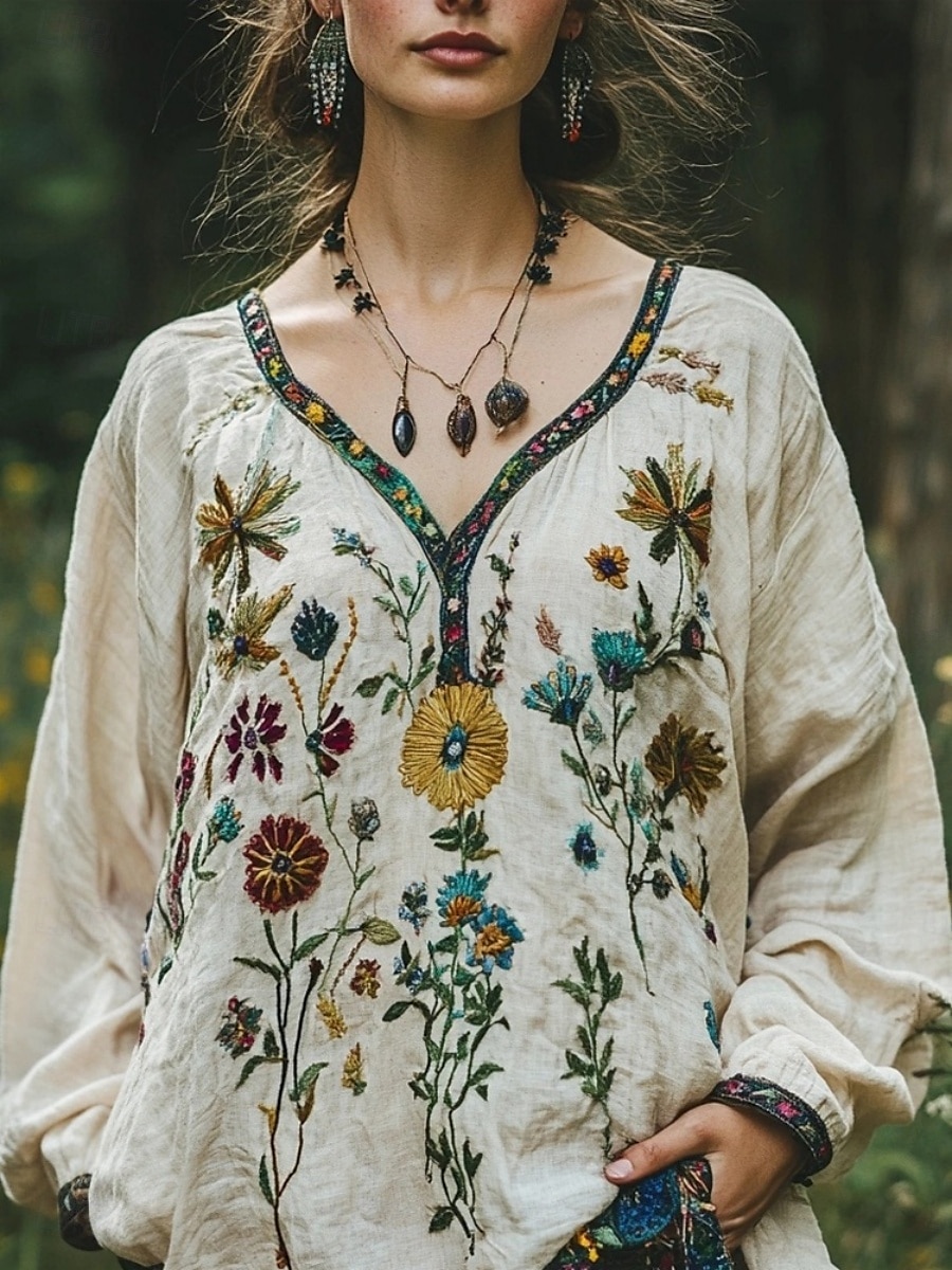 Blusa estilo bohemio estilo occidental para mujer, blusa con flores, moderna, informal, de manga larga, cuello en V, blusas de estilo regular, para uso diario, vacaciones, salidas, estampado beige, 2025 - $21.99 –P1