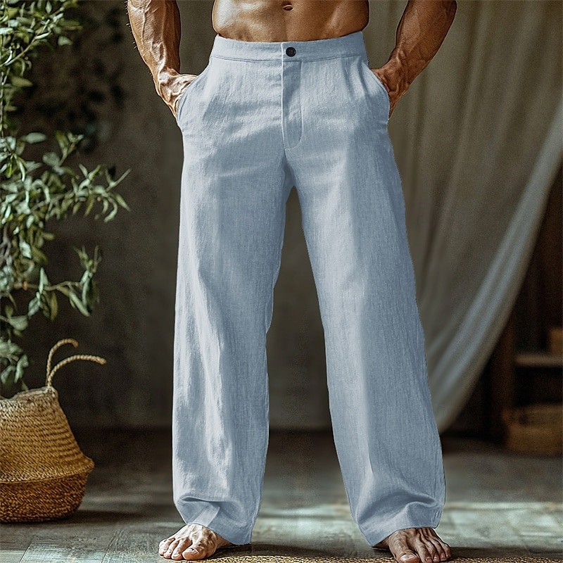 Men's Linen Pants Trousers Summer Pants Beach Pants Buttons Pocket Straight Leg Plain Comfort Breathable Vacation Daily Holiday Hawaiian Boho Black White 2025 - $18.99 –P8