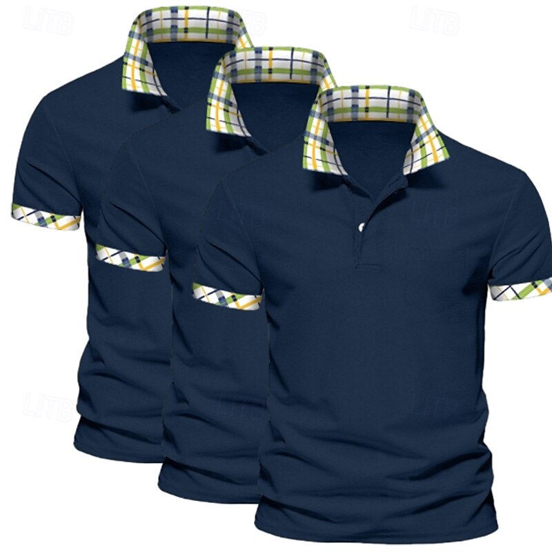 Camisa polo masculina de 3 peças, cor sólida, xadrez, bloco de cores, camisa de golfe, manga curta, lapela, casual, esportiva e ao ar livre, botões, verão, primavera e outono, verde, azul de 2025 por $45.99 –P7