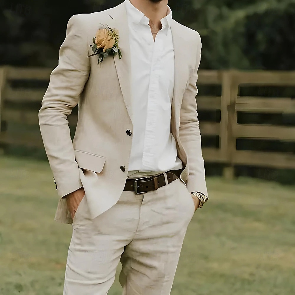 Men's Wedding Linen Suits Beige Lightweight Casual Solid Colored Standard Fit 2 Piece Single Breasted Two-buttons 2025 - $116.99 –P1