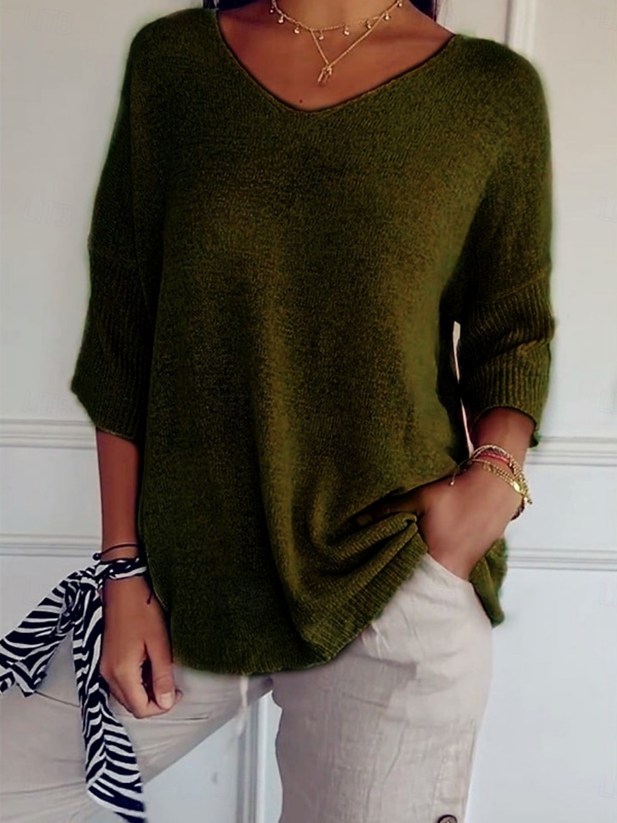Femmes Pull Quotidien Élégant Occasionnel Couleur Unie Côtelé Col en V Tricoté Manche 3/4 Hauts Réguliers Tricoter Extérieur Quotidien Jaune Vert Véronèse Été Printemps de 2025 ? $25.99 –P6