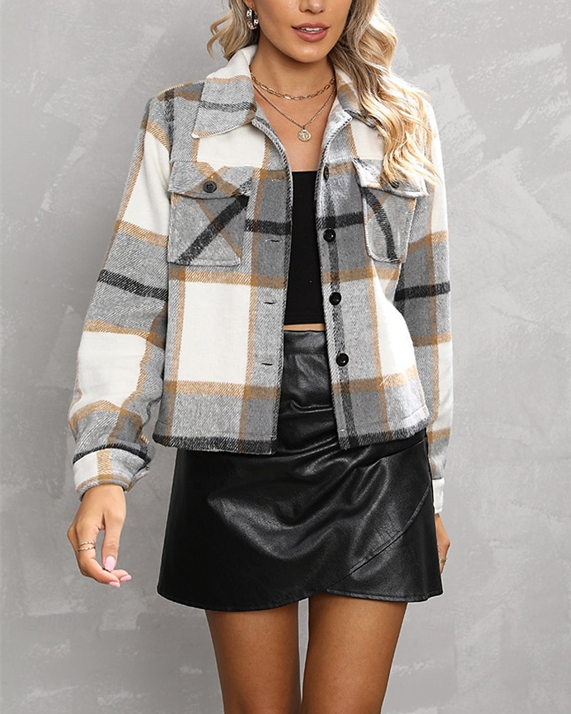 Damen Hemdjacke Freizeitjacke Bequem Tasche Knöpfe Mode Outdoor Karomuster Ausgehen Wochenende Reisverschluss Regulär Revers Normale Passform Langarm Oberbekleidung Grün Grau Herbst Winter 2025 - $28.99 –P1