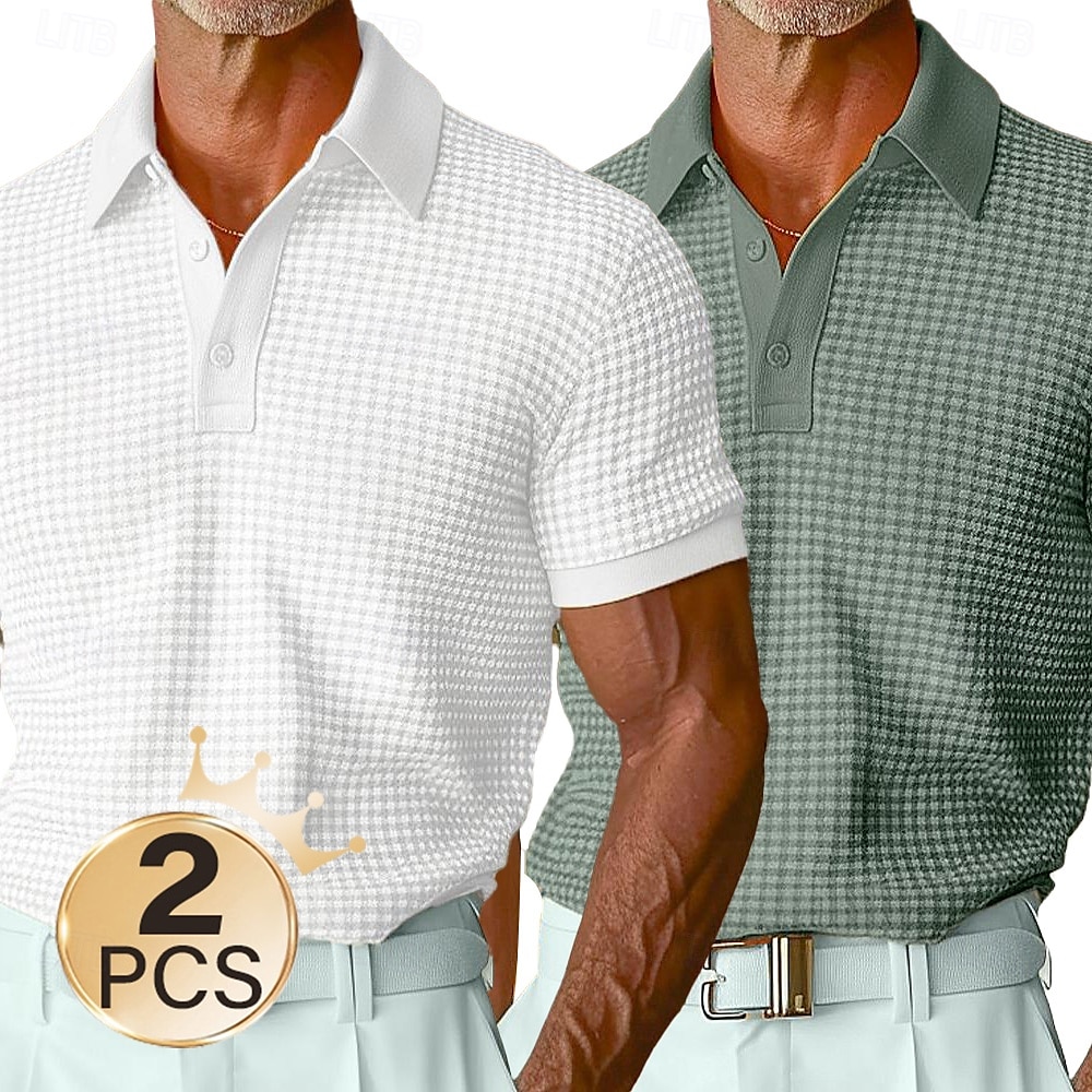 herr 2 st våffelpikétröjor semester casual nedbäddningströja kortärmad semester fritid enfärgad ficka sommar 2025 - $39.99 –P6