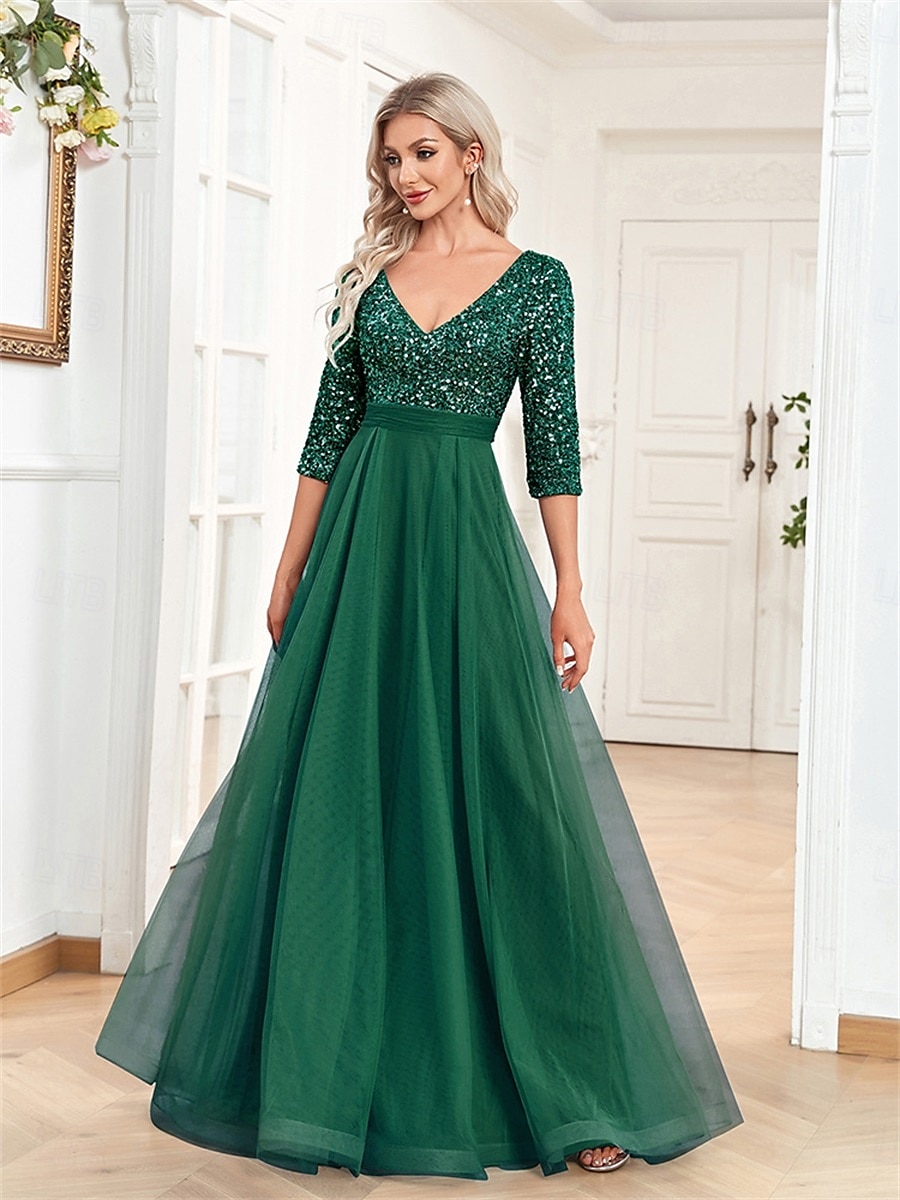 A-linjainen Quinceanera-Mekot Elegantti Mekko Virallinen Häät Lattiapituus Puolihihainen V-kaula-aukko Tylli Strassilla 2025 - $99.99 –P27