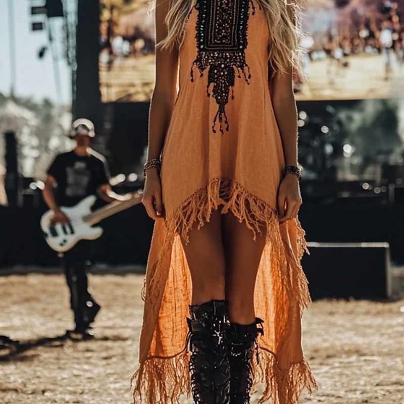 Women's Midi Dress Boho Dress Western Dress Fashion Modern Outdoor Vacation Holiday Regular Fit Flower Sleeveless Crew Neck Orange Summer 2025 - $26.99 –P3