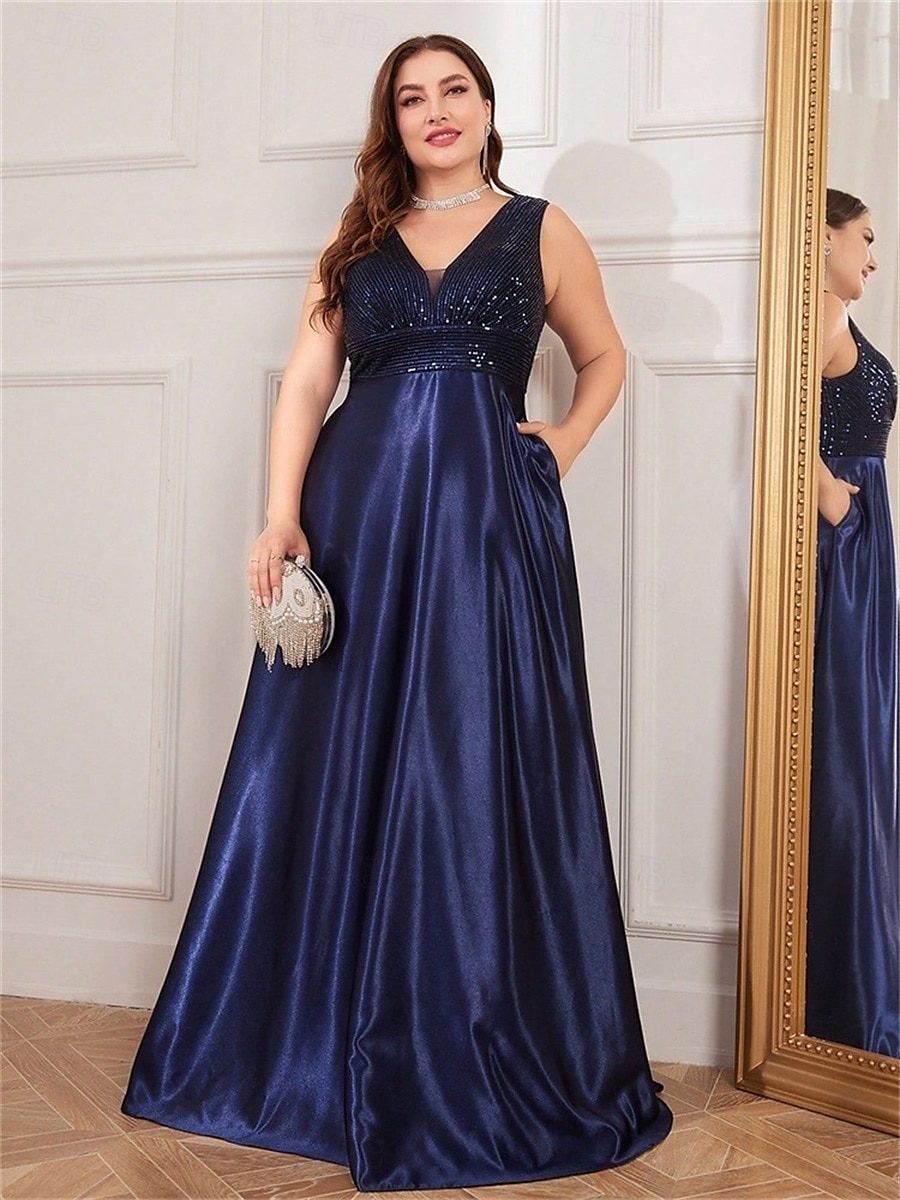 A-Line Plus Size Dresses Elegant Curve Dress Formal Wedding Floor Length Sleeveless V Neck Satin V Back with Pleats 2025 - $119.99 –P15