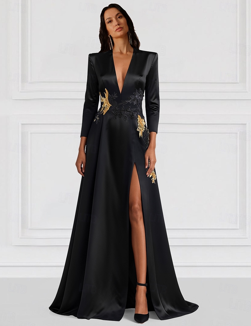 Robe de soirée A-Ligne Élégante Robe de mariage Robe longue de cérémonie Manches longues Col en V Satin extensible avec perles en strass de 2025 ? $149.99 –P1