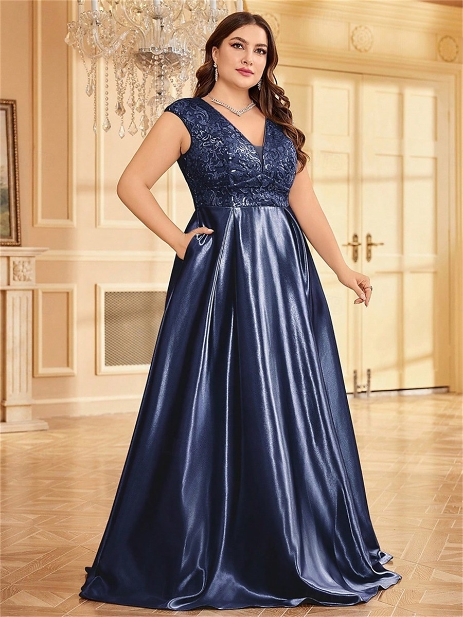Robe A-Line Grande Taille Élégante Robe Courbe De Mariage Formelle Longue Au Sol Manches Courtes Col en V Satin Dos Nu Avec Plis 2025 de 2025 ? $119.99 –P20