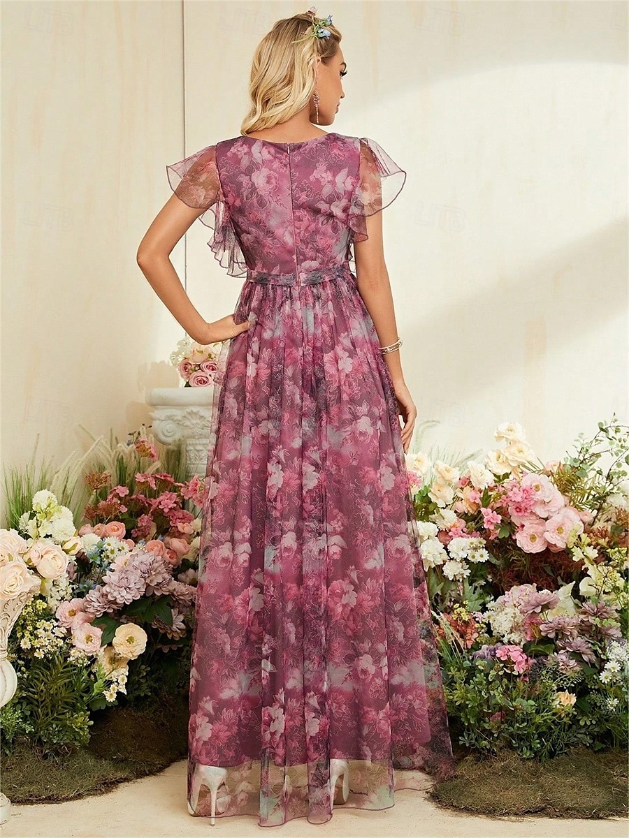 Abiti Quinceanera A-Line abito elegante formale lungo senza maniche scollatura a V in chiffon con stampa floreale del 2025 a $79.99 –P10