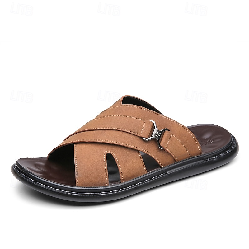 Men's Tan Faux Leather Slide Sandals Cross-Strap Open-Toe Design with Arch Support Great for Casual Summer Home and Street Style 2025 - $32.99 –P1