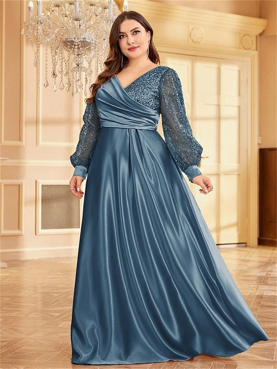 Robe A-Line Grande Taille Élégante Robe Courbe De Mariage Formelle Longue Au Sol Manches Longues Col en V En Polyester Avec Plis 2025 de 2025 ? $119.99 –P27