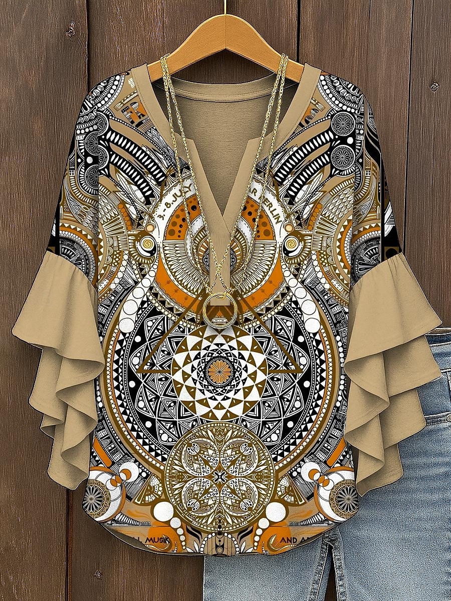 Dámské Halenka Grafika Geometrický Elegantní Čechy Geleneksel 3/4 délka rukávu Do V Běžné topy Denní Dovolená Oblečení na dovolenou Volány Tisk Žlutá Světlá růžová Vodní modrá Fialová Trávová zelená 2025 - $29.99 –P4