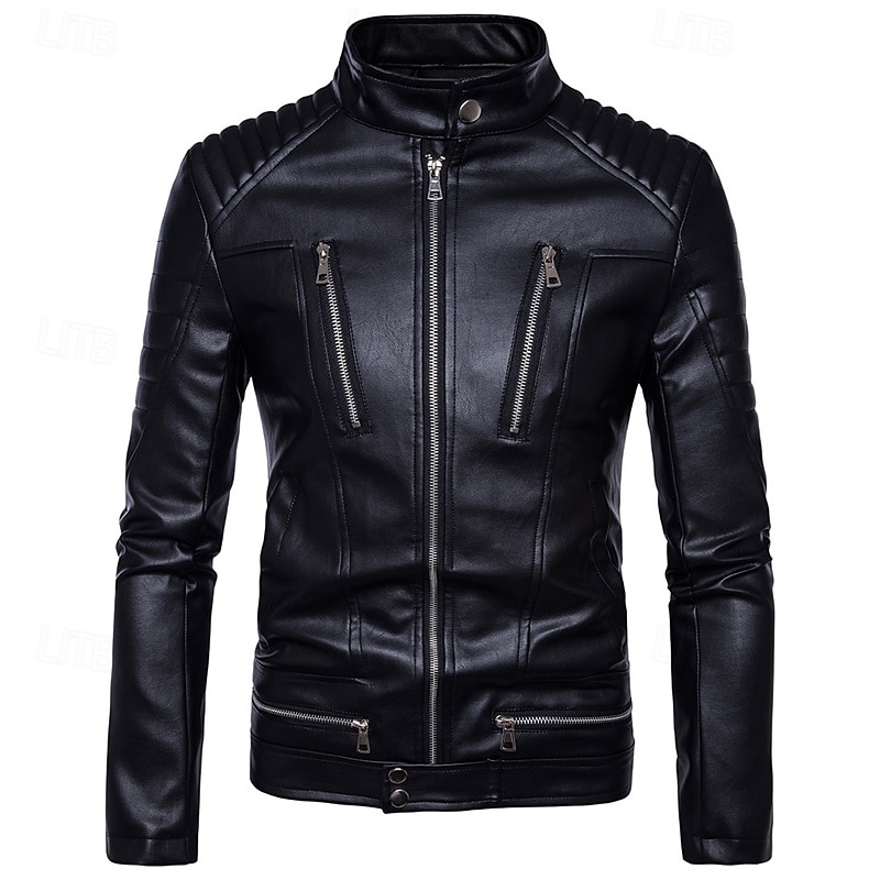 Herren Kunstlederjacke Bikerjacke Motorradjacke Urlaub Täglich Winddicht Warm Tasche Winter Einfach Mode Klassisch Stehkragen Regulär Schwarz Jacken 2025 - $74.99 –P1