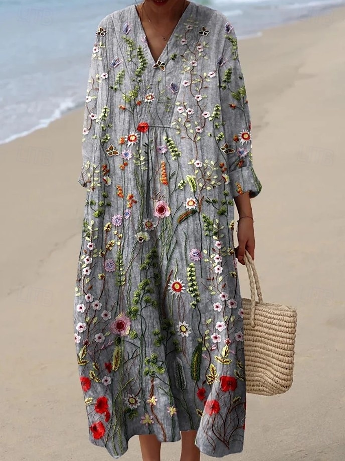 Damen Midikleid Sommerkleid A Linie Kleid Urlaub Lässig Boho Party Ausgehen Strand Blumen Grafik Abstrakt Langarm V Ausschnitt Asche Weiß Gelb Rosa Sommer Frühling 2025 - $35.99 –P2