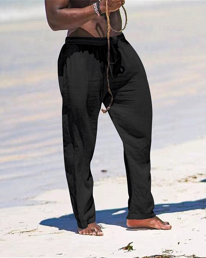 Herr Linne Byxor Långbyxor Sommarbyxor Strandbyxor Ficka Snörning Elastisk midja Slät Komfort Andningsfunktion Semester Dagligen Helgdag Hawaiisk Boho Svart Vit 2025 - $18.99 –P11