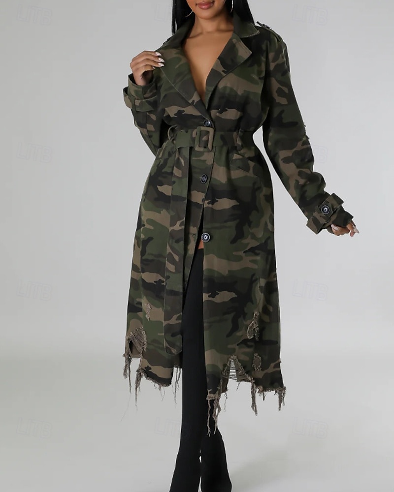Damen Trenchcoat Bequem Knöpfe Tasche Modern Streetstyle Tarnung Outdoor Ausgehen Einreihig Lang Umlegekragen Normale Passform Langarm Oberbekleidung Hellgrün Dunkelgrün Herbst Winter 2025 - $46.99 –P12