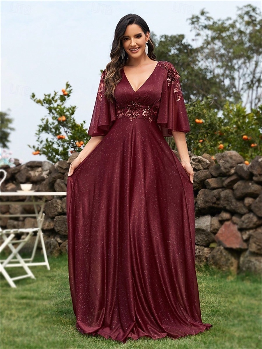 Robes de quinceanera en A élégante robe formelle mariage longueur au sol manches 3/4 en V chiffon dos en V avec plis de 2025 ? $99.99 –P8
