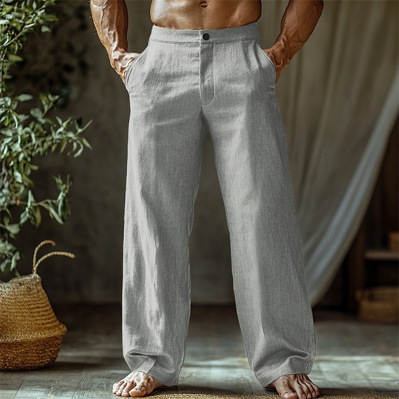 Men's Linen Pants Trousers Summer Pants Beach Pants Buttons Pocket Straight Leg Plain Comfort Breathable Vacation Daily Holiday Hawaiian Boho Black White 2025 - $18.99 –P7