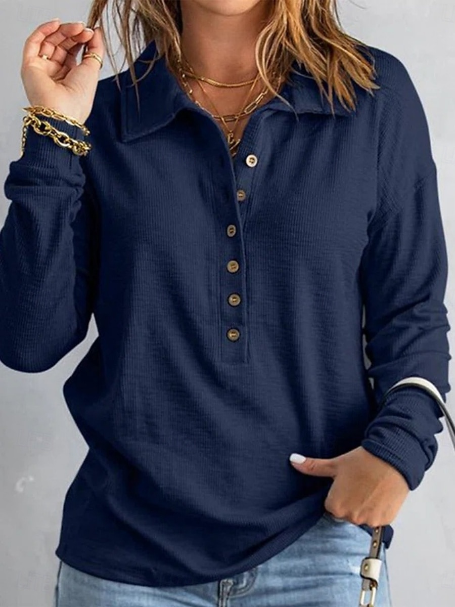 Damen Bluse Knöpfe Einfarbig Stilvoll Basic Lässig Langarm Hemdkragen Normale Oberteile Täglich Schwarz Weiß Marineblau Himmelblau Khaki Sommer Frühling Herbst 2026 - $26.99 –P9