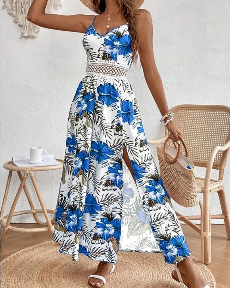 Dámské Midi šaty Květinové šaty Letní šaty Slip Dress Šaty s potiskem Módní Klasické Moderní Dovolená Denní Jdeme ven Běžný Květiny Bez rukávů Popruhy Rubínově červená Vodní modrá Trávová zelená Léto 2025 - $24.99 –P14