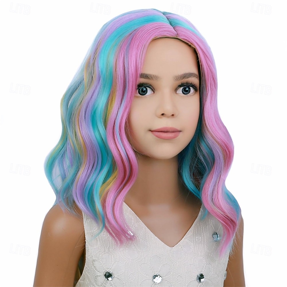 Dětská duhová paruka krátká vlnitá barevná paruka vícebarevná paruky dívčí syntetické cosplay halloweenské kostýmní paruky 2025 - $24.99 –P1