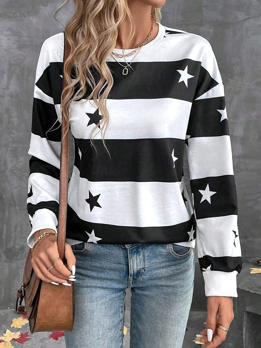 Femmes Sweatshirt Pull Graphique Rayé ancien Mode Occasionnel manche longue Col ras du cou Hauts Réguliers Rue Tenue Quotidienne Occasionnel Imprimé Noir Bleu Vert Kaki Printemps Automne Hiver de 2025 ? $24.99 –P6