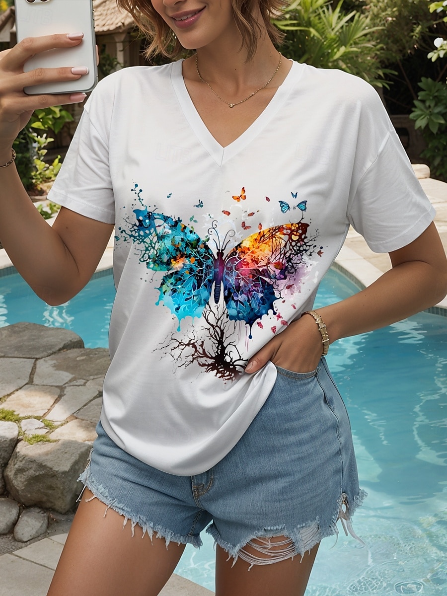 Pentru femei Tricou Grafic Animal Fluture Epocă Stilat Clasic Manșon scurt În V Topuri obișnuite Zilnic Ieșire Sfârșit de săptămână Imprimeu Negru Alb Galben Roz Îmbujorat Roșu-aprins Vară Primăvară 2025 - $19.99 –P1