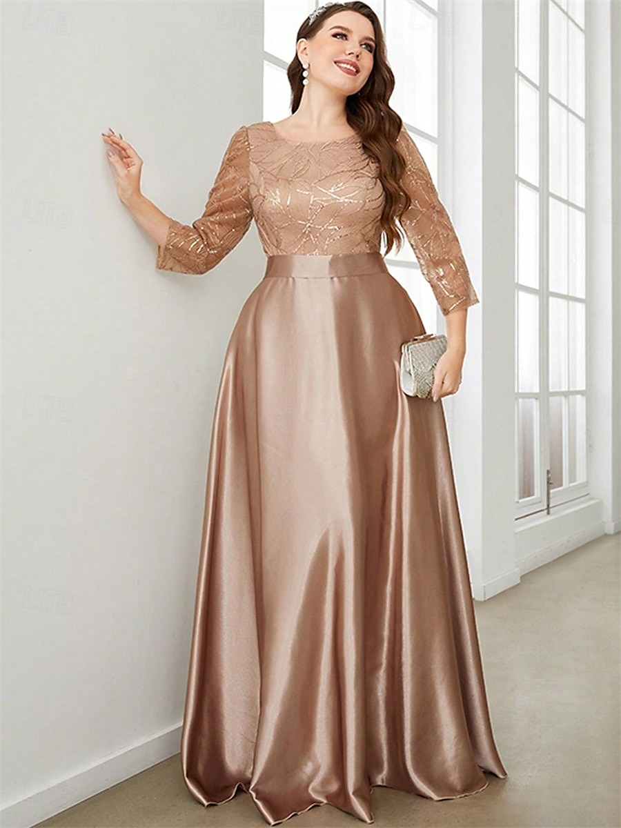 A-Line Evening Gown Elegant Dress Formal Wedding Floor Length 3/4 Length Sleeve Crew Neck Satin with Pleats 2025 - $129.99 –P7
