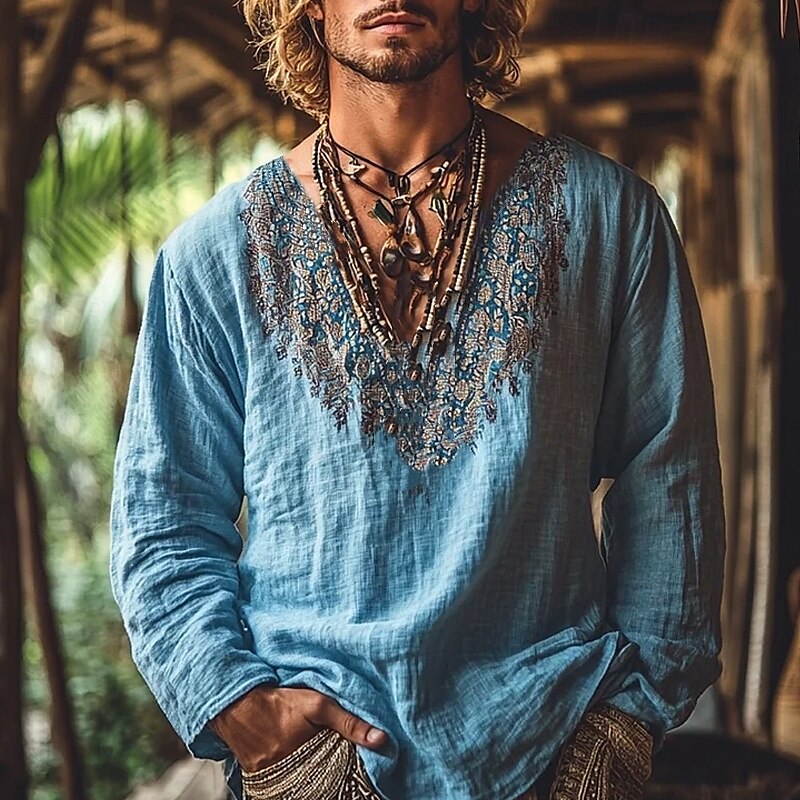 Herren Hemd Leinenhemd Wikinger-Stil Popover-Hemd Sommerhemd Strandbekleidung Einfach Urlaub Straße Blau Langarm V Ausschnitt Sommer Frühling Bekleidung 2025 - $23.99 –P1
