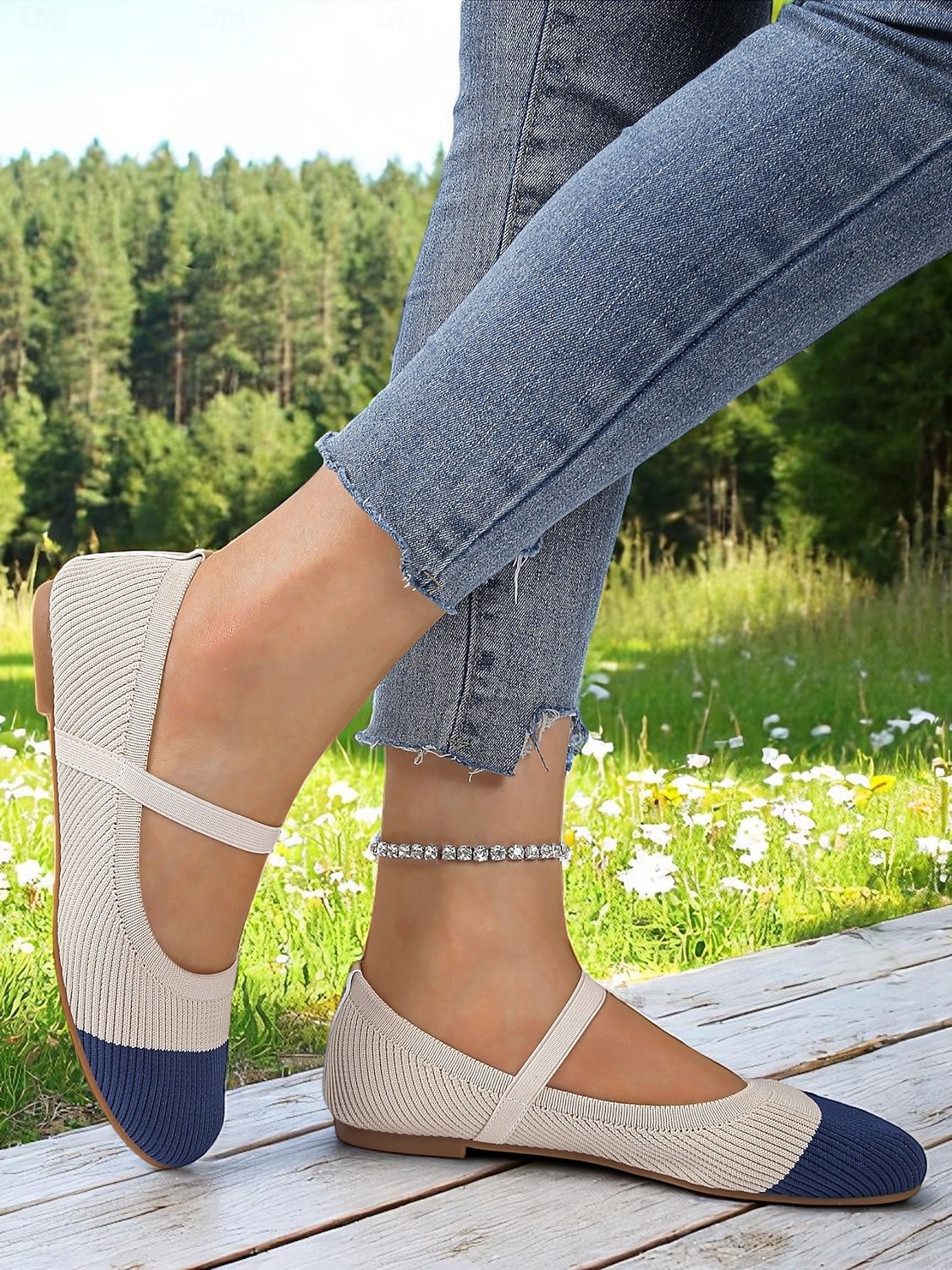 Zweifarbige Damen-Ballerinas aus Strick mit Riemen – atmungsaktive, lässige Mary-Jane-Schuhe für den Alltag, Spaziergänge und Frühlingsausflüge 2025 - $19.99 –P5