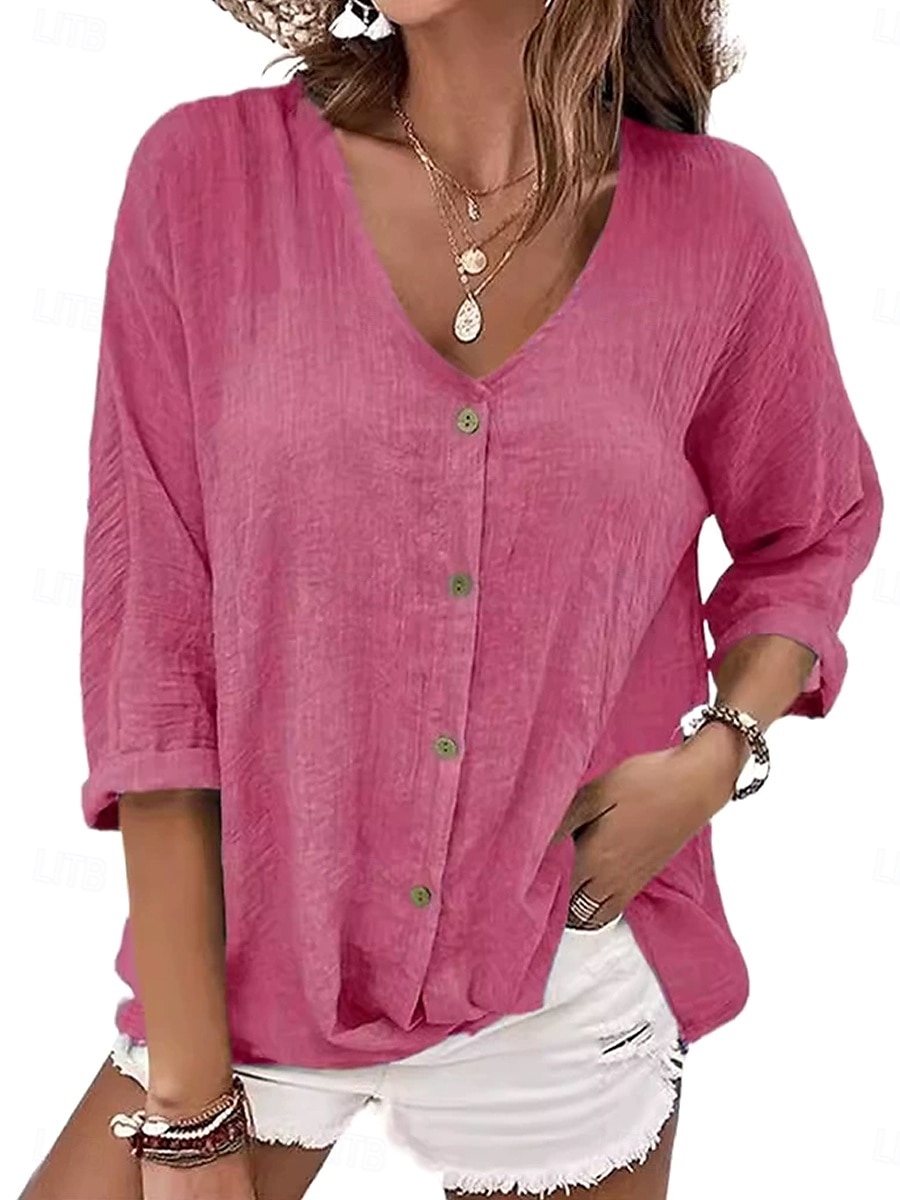 Women's Shirt Blouse Solid Color Plain Bohemia Daily Stylish 3/4 Length Sleeve V Neck Regular Tops Daily Holiday Going out Buttons Sage Green Blue Khaki Rose Pink Summer Spring Fall 2025 - $19.99 –P5