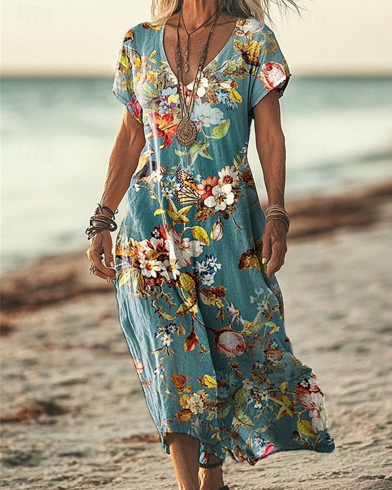 Femmes Robe Longue Maxi Robe Robe Décontractée Robe d'été Mode Extérieur Soirée Fête Coupe régulière Fleur Manche Courte Col en V Jaune Bleu Violet Marron Été de 2025 ? $24.99 –P5