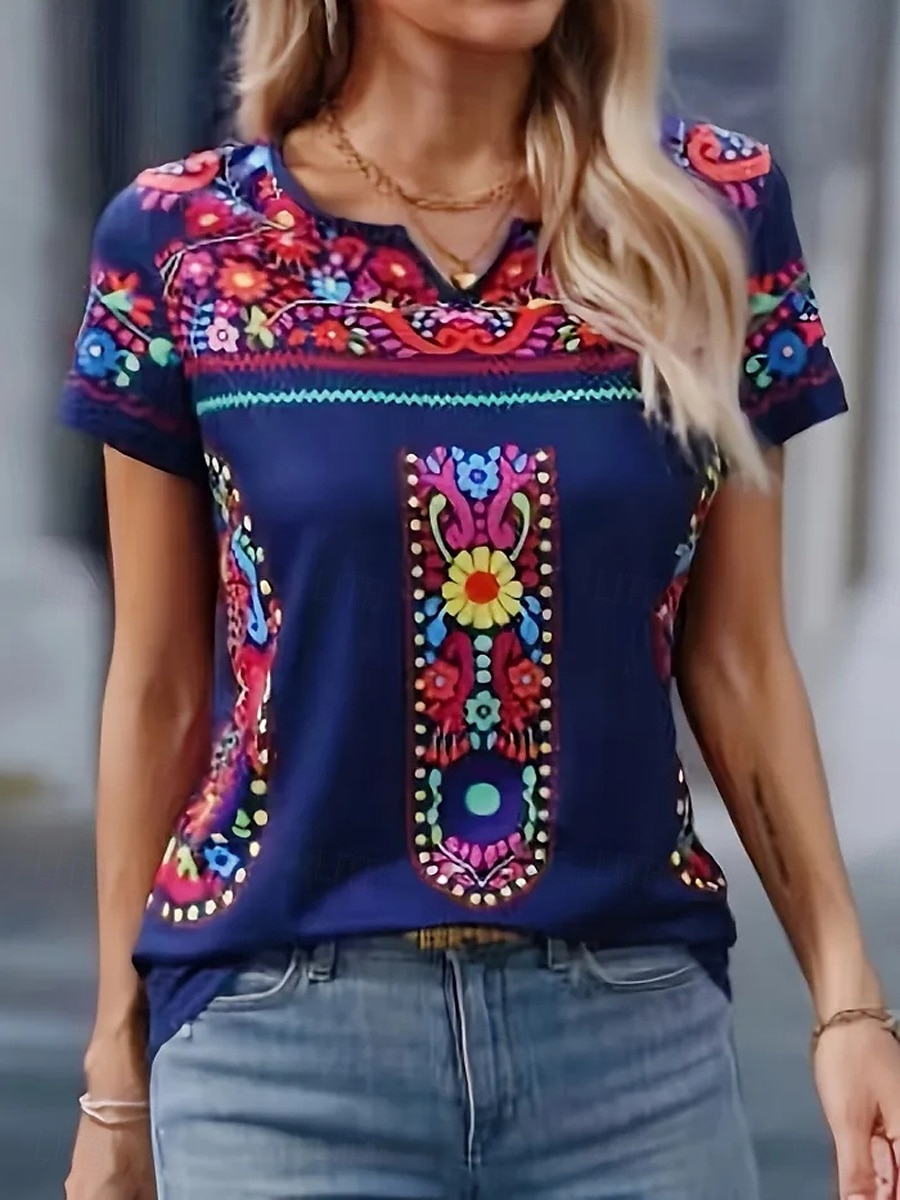 Femmes T-shirt Fleuri Graphique ancien Élégant Classique Manche Courte Encolure en V Hauts Réguliers Quotidien Week-end Imprimé Noir bleu marine Vert Été Printemps de 2025 ? $27.99 –P3