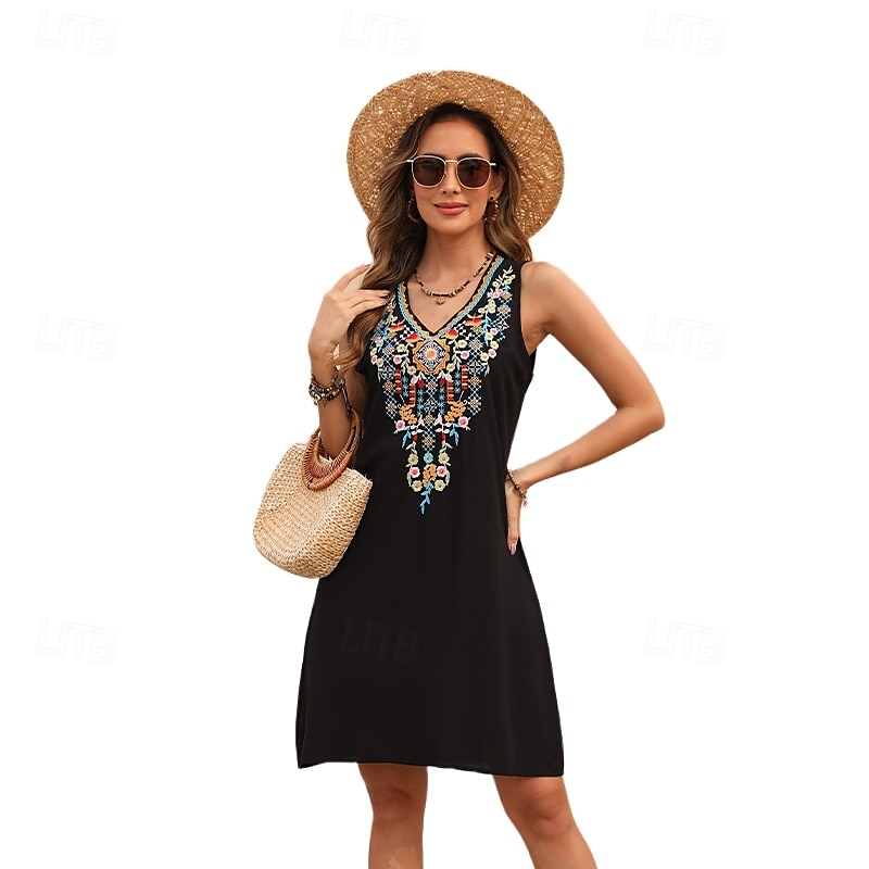 Femmes Mini Robe Robe Décontractée Mode Moderne Robe élégante Mancheron Mariage Quotidien Date Coupe régulière Fleuri Broderie Sans manches Col en V Noir Été de 2025 ? $27.99 –P1
