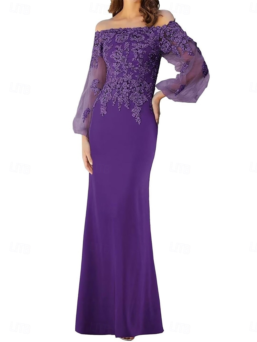 Meerjungfrau Trompeten Brautmutter Kleid Elegantes Off-Shoulder Bodenlang Spitze Lange Ärmel mit einfarbigem Material 2025 - $119.99 –P6