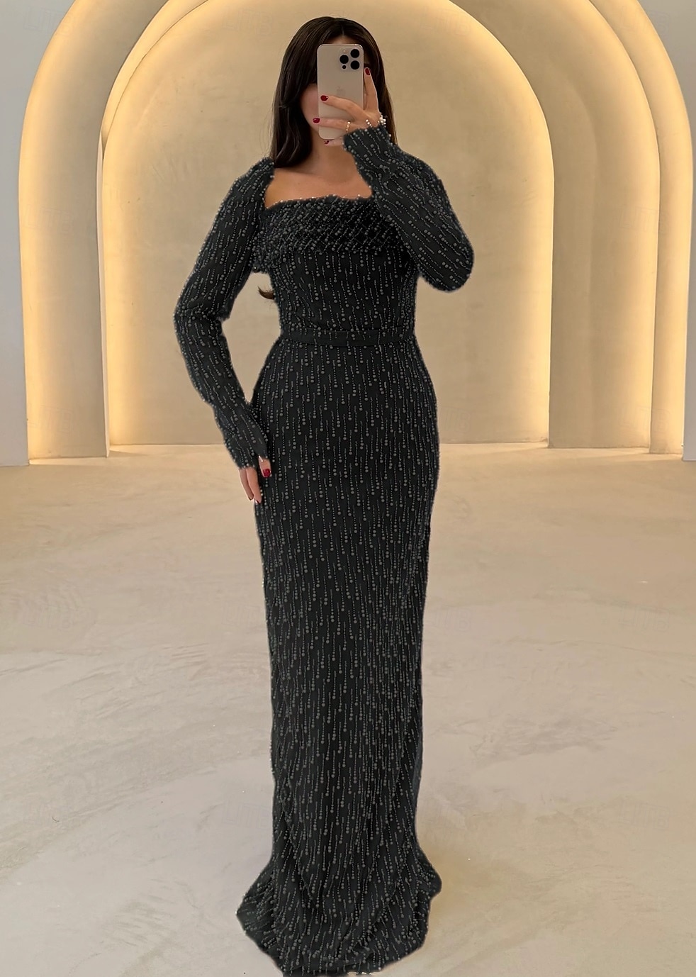 Sheath  Column Evening Gown שמלה אלגנטית קרנבל רשמית באורך רצפה שרוול ארוך צוואר ריבועי מבריק עם נצנצים 2025 - $152.99 –P5