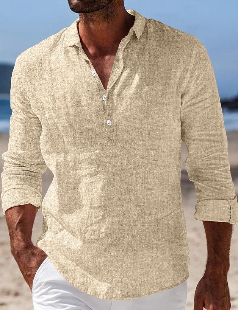 Hombre Camisa Camisa de lino Camisa de verano Ropa de playa Plano Vacaciones Casual Negro Blanco Azul Piscina Caqui Manga Larga Diseño Primavera verano Ropa 2025 - $10.99 –P2