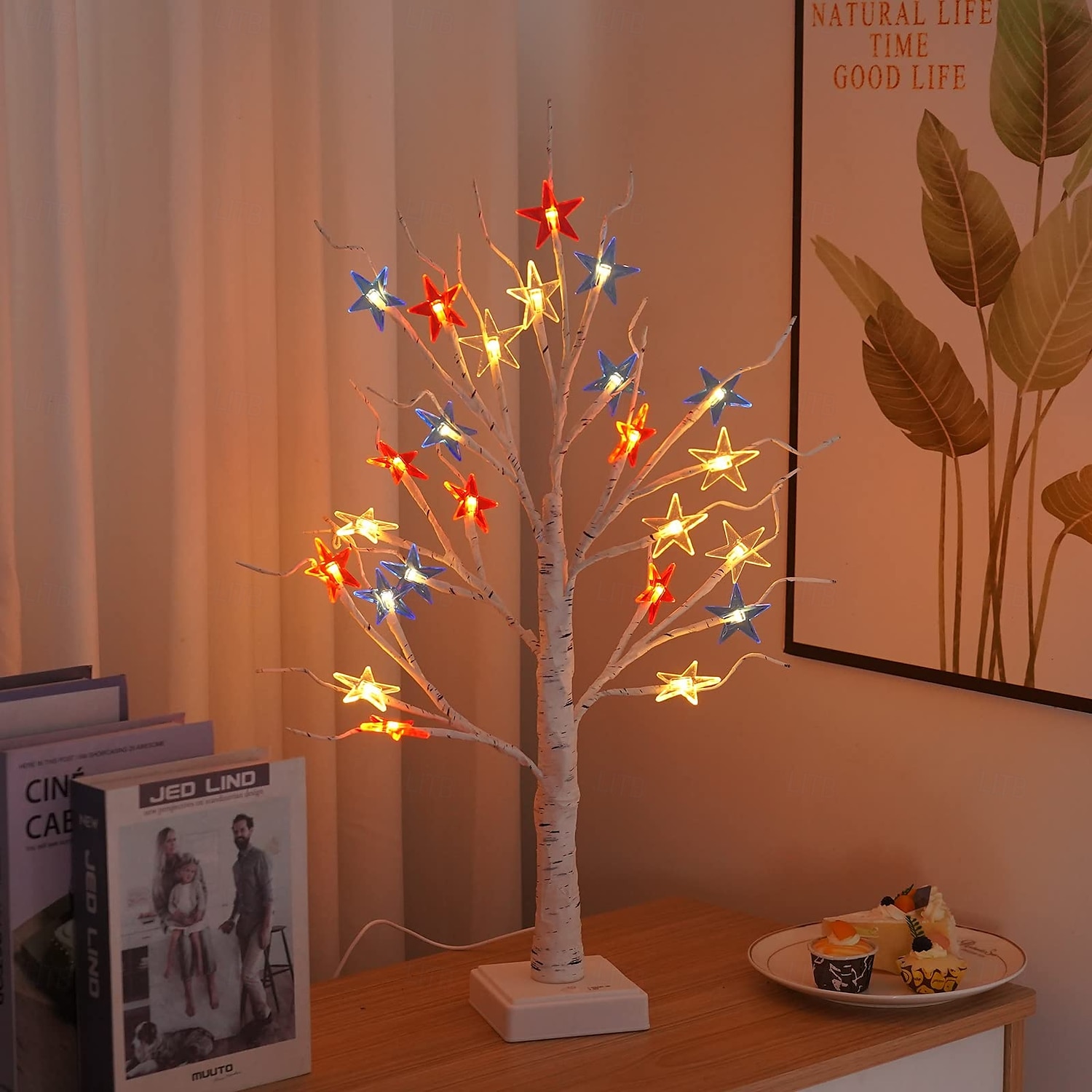 מנורת שרשרת פטריוטית דקורטיבית DIY לעץ מלאכותי, 24 נורות לד לעץ ליבנה, עץ מואר המופעל באמצעות סוללה/USB ליום העצמאות הרביעי ביולי לעיצוב שולחן ומסיבת הבית 2025 - $16.49 –P1
