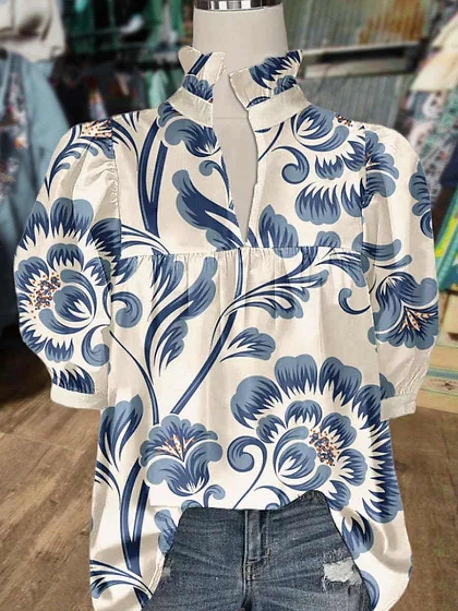 Women's Shirt Floral Stylish Modern Half Sleeve V Neck Regular Tops Daily Holiday Print White Blue Green Khaki Summer 2025 - $26.99 –P1