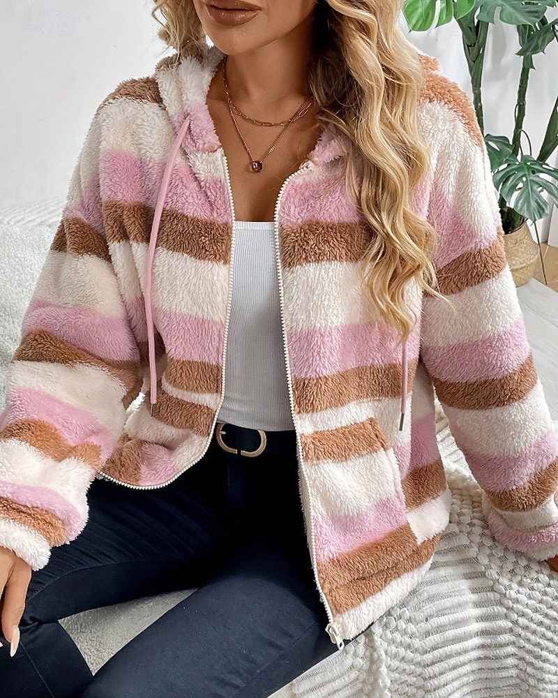 Dame Fleece-jakke Hold Varm Glidelås Lomme Fritid Stribe utendørs Ferie Ut på byen Glidelås Normal Med hette Normal Langermet Yttertøy Rosa Vinter 2025 - $33.99 –P2