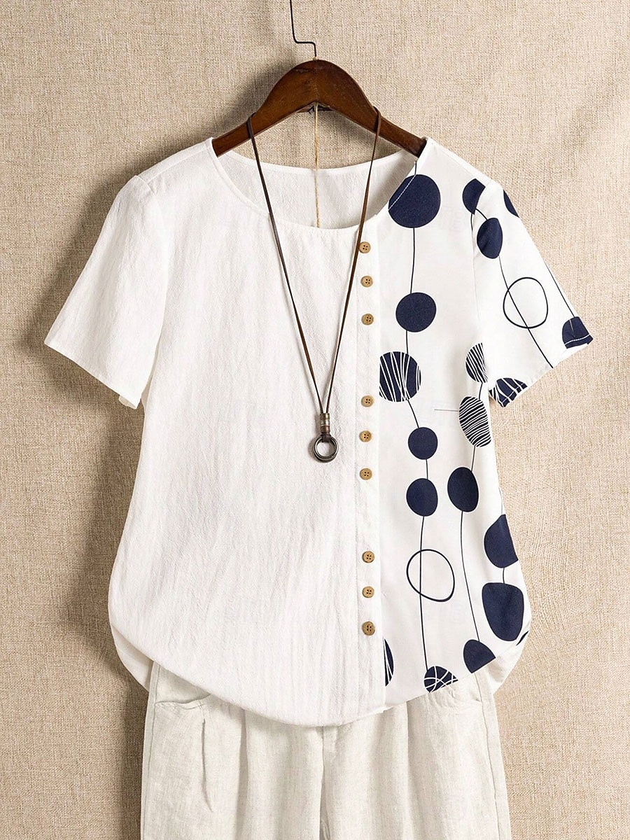 Dame Skjorte Bluse Grafisk Polkadotter Grunnleggende Kortermet Crew-hals Vanlige topper Ferie Knapper Trykt mønster Hvit Navyblå Grønn Sommer Vår 2025 - $25.99 –P5